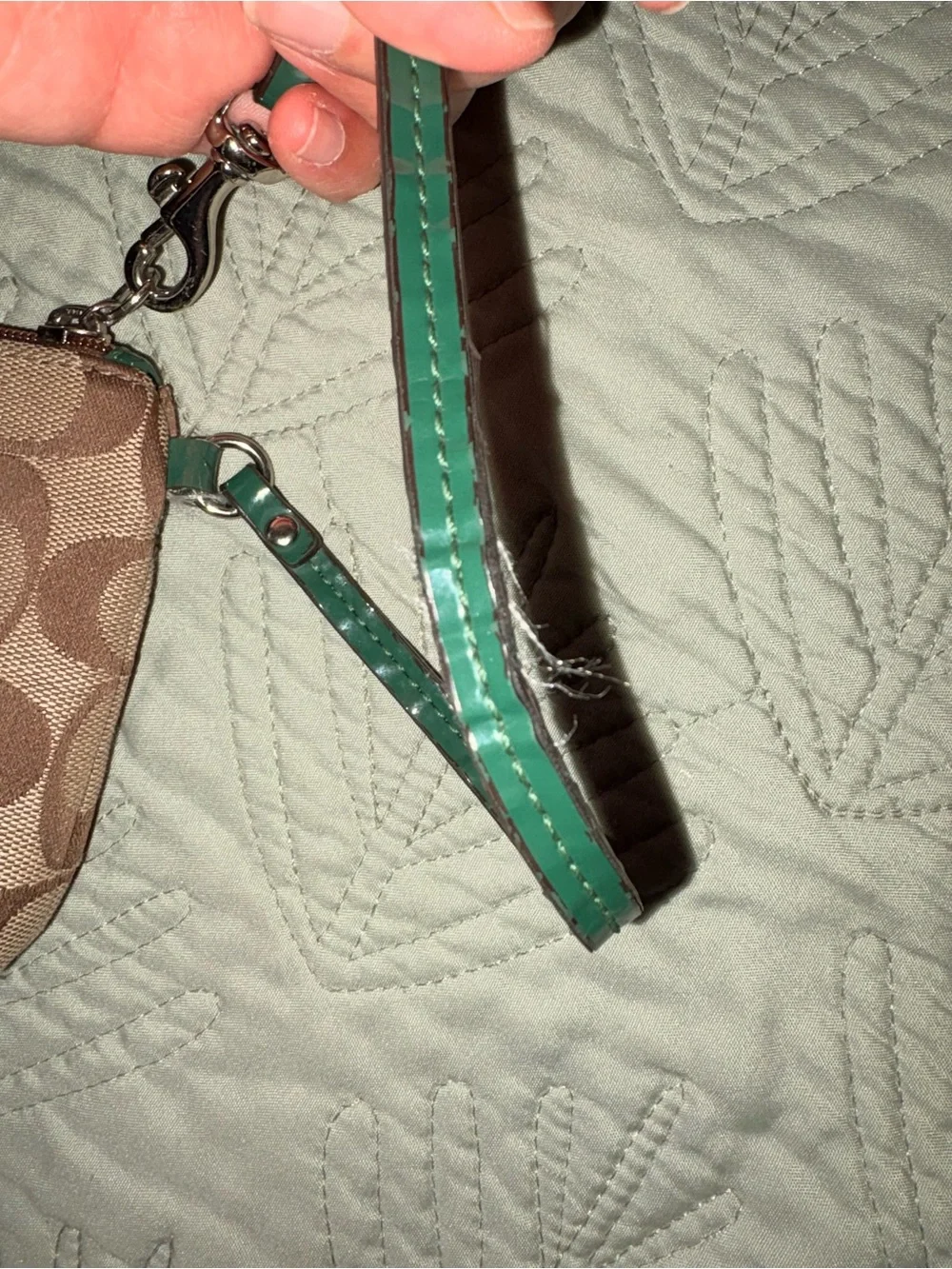 Coach Brown Signature Canvas Wristlet with Green Trim